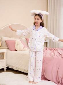 Tween Girl Cute Simple Colorful Heart Graphic Lapel Snap-Button Patch Pocket Long Sleeve Loungewear Set, 2pcs, Loose & Comfy Pj Sets For Teens Pajama Sets For Girls Of Sleepwear Teenage Girls Pajama Sets For Teens