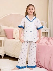 2pcs Tween Girls Floral Print Contrast Ruffle Trim Collar Button Down Shorts Pajama Set, Sibling Matching Outfits (Sold Separately) Pj Sets For Teens Girls S Pajama Sets For Teens Girls Pj Set For Teen Girls - White - View 5