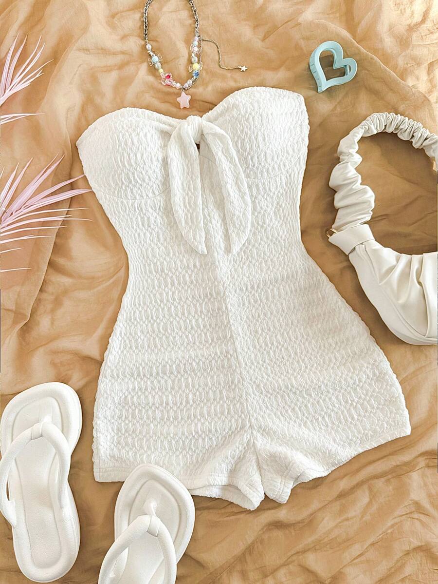 Soleia Women's White Knit Texture Front Tie Halter Jumpsuit, Fitted, Suitable For Party, Date, Valentine's Day, Sexy Romantic, Carnival, Beach, Cruise, Afternoon Tea - White - View 1