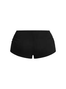 Swim Basics Summer Women's Ruffle Side Split Striped Fabric Flattering Booty Shorts Bottom, Black, For Beach, Vacation, Simple