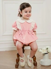 SHEIN 女宝宝甜美可爱彼得潘领蝴蝶结粉色条纹连体衣，适合夏季穿着