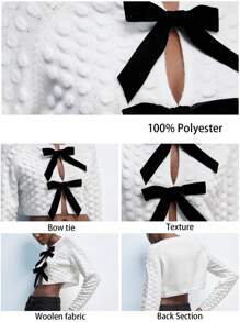 Maija Women's Black And White Bow Sweater,Elegant Tea Party Autumn Casual Top,Valentine's Day Modern Urban Retro Bohemian 90s Clothing For Festival Dates - Beige - View 3