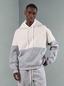 SUMWON Two-Tone Color Block Hoodie Co-Ord Set Track Suit Athletic Sweat Suit Matching Set Workout Casual Loungewear Winter Fall Fleece Activewear - Light Grey - View 3