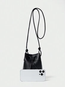 Mini Bucket Bag Drawstring Design Braided Detail PU Winter Gifts - Black - View 4