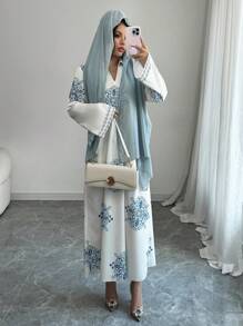 Yasmyna 女式宽松立领阿拉伯梭织印花连衣裙，端庄 - 杏色 - 查看 3
