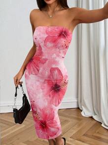 INAWLY Pink Tiedye Hibiscus Floral Print Graphic Tube Bodycon Backless Dress - Multicolor - View 5