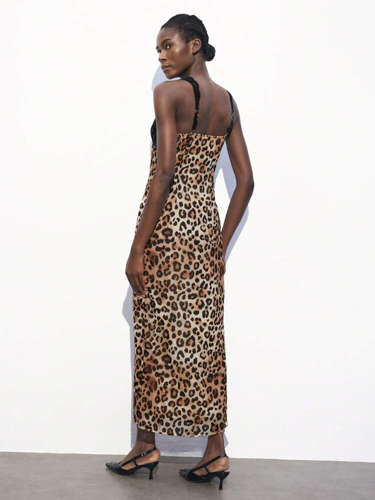 SHEIN Maija Valentine's Day New Leopard Print Urban Elegant Sexy Contrast Lace Mid-Calf Dress For Women, Suitable For Casual, Vacation, Date, Wedding, Daily Wear