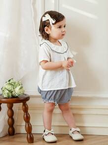 Souflis Souflis Babymeisjes Zomer Nieuwe Ruffle Kraag Voorkant Split Ontwerp Achterkant Waterdruppel Korte Mouw Streep Driehoek Casual Set