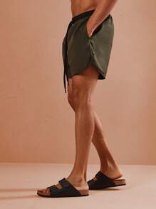 SUMWON Premium Athletic Beach Swim Trunks With Curved Hem Design, Moisture-Wicking Performance Fabric For Swimming, Surfing, Beach Sports, Adjustable Drawstring Waistband, Mid-Thigh Length - Army Green - View 3