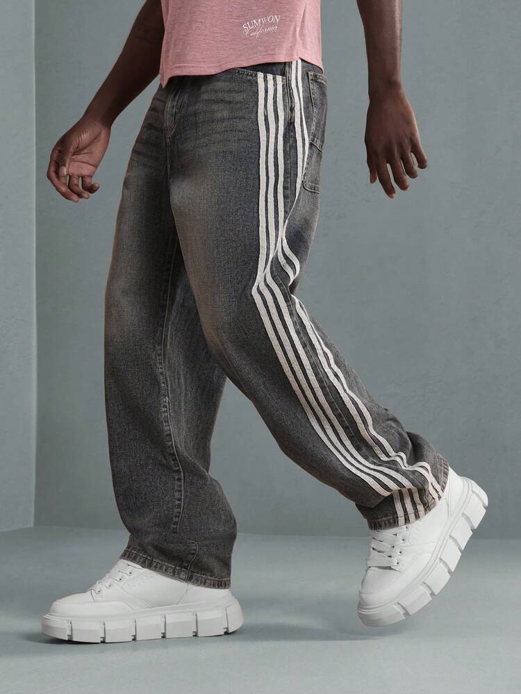 Skater Fit Jeans With Athletic Stripe Side Tape Detail