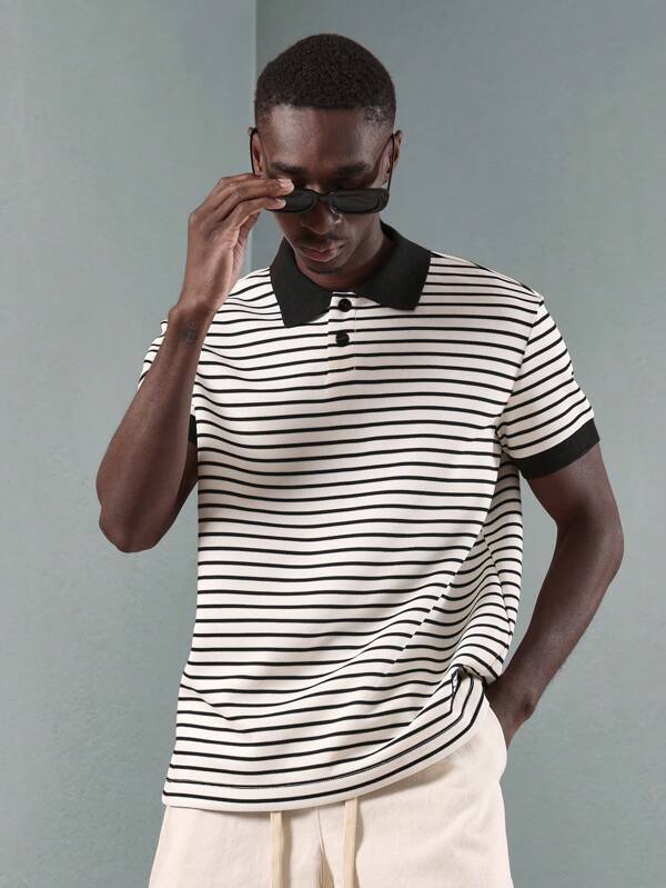 SUMWON Chemise polo en jersey slim fit, motif rayé classique, manches courtes, tenue d'été décontractée et professionnelle, respirante, pour le tennis, le golf et les week-ends