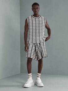 SUMWON 设计师钩针格纹背心套装街头潮流夏季无袖针织背心两件套运动家居服都市时尚运动休闲节日装 - 黑與白 - 查看 1