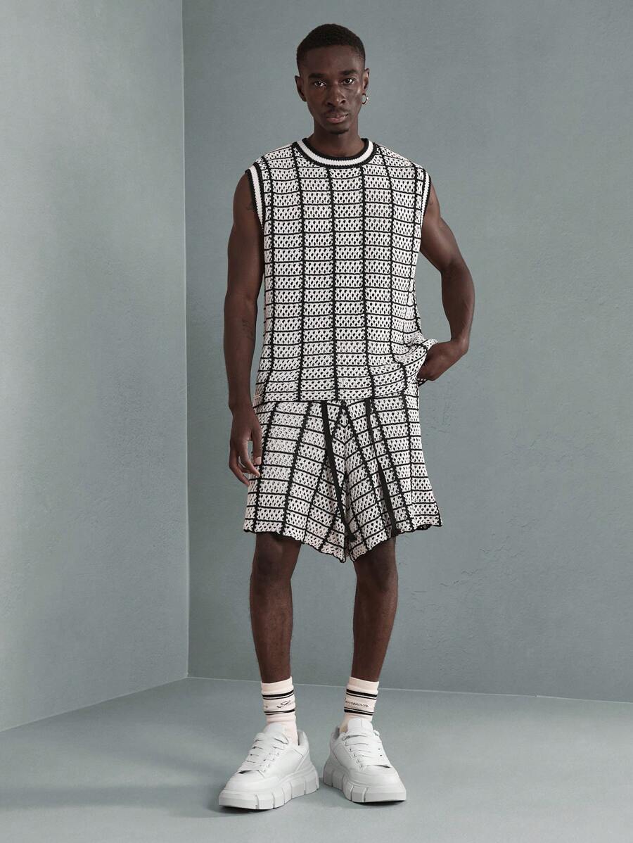 SUMWON 设计师钩针格纹背心套装街头潮流夏季无袖针织背心两件套运动家居服都市时尚运动休闲节日装 - 黑與白 - 查看 1