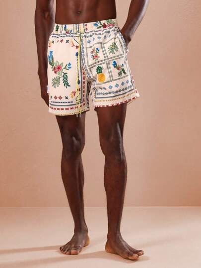 SUMWON 沙滩短裤假日夏季花卉菠萝印花泳裤松紧腰及膝图案度假村泳池舒适宽松版型