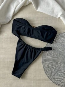 SHEIN Swim 2-częściowy zestaw damski jednokolorowy metalowy pasek bandeau top i stringi spaghetti strap bikini set, na letnie wakacje na plaży