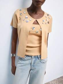 Maija Valentine's Day Ladies Spring And Summer New Light Yellow Diamond Flowers Elegant Modern Urban Daily Casual Woolen Top Cardigan Suitable For Going Out Holiday Party Date Wear Party Wedding Music Festival Suit Bohemian 90s Women's Clothing Old Money