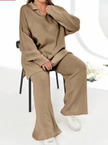 EURMUSE 2 件套纯色翻领毛衣和长裤套装