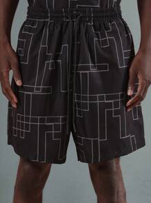 SUMWON Designer Geometric Line Pattern Co-Ord Set Modern Abstract Print Summer Casual Oversized Shirt And Shorts Two-Piece Streetwear All-Over Graphic Urban Fashion Set