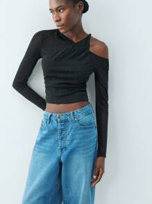 Maija Top moulant asymétrique élégant et chic à l'épaule noire, top et sexy pour femmes. Convient pour le casual, les rendez-vous, les fêtes, les invités de mariage, la Saint-Valentin - Noir - Voir 6