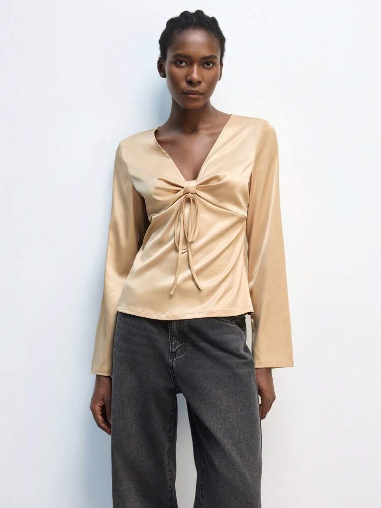 SHEIN Maija Women's Apricot Tie Waist Sexy Bowknot Holiday Elegant Modern Urban Casual Top, Suitable For Outing, Holiday Party, Daily Dating, Refined Charm, Spring/Summer