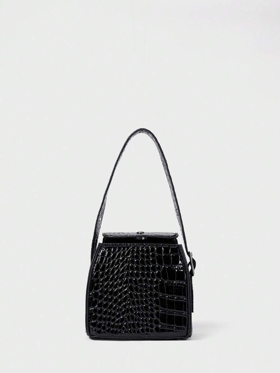 Mini Handbag With Detachable Strap, Black Crocodile Texture Crystal Cube Bag Winter Gifts - Black - View 1