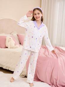 Tween Girl Cute Simple Colorful Heart Graphic Lapel Snap-Button Patch Pocket Long Sleeve Loungewear Set, 2pcs, Loose & Comfy Pj Sets For Teens Pajama Sets For Girls Of Sleepwear Teenage Girls Pajama Sets For Teens