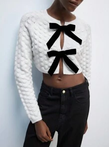Maija Women's Black And White Bow Sweater,Elegant Tea Party Autumn Casual Top,Valentine's Day Modern Urban Retro Bohemian 90s Clothing For Festival Dates - Beige - View 4