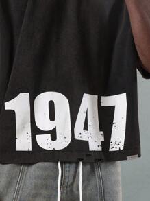 SUMWON Vintage Oversized 1947 Graphic Print T-Shirt Classic Retro Street Style Urban Fashion Distressed Crew Neck Athletic Number Casual Streetwear - Black - View 6