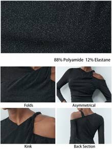 Maija Top moulant asymétrique élégant et chic à l'épaule noire, top et sexy pour femmes. Convient pour le casual, les rendez-vous, les fêtes, les invités de mariage, la Saint-Valentin - Noir - Voir 3