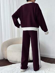 EURMUSE Contrast Blue & White Striped Loose Short Knit Sweater Plus Pants Set For Women - Burgundy - View 2
