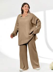 EURMUSE 2 件套纯色翻领毛衣和长裤套装