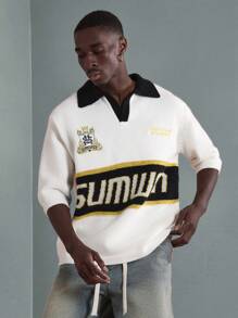 SUMWON Vintage Retro College Stijl Varsity Gebreide Polo Trui met Geborduurd Logo Atletisch Ontwerp Casual Herfst Winter Lente Trui