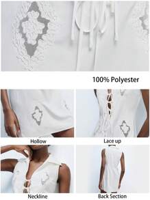 Maija Valentine's Day Ladies Spring And Summer New Style White Plain Embroidery Stitching Hollow Out Elegant Sexy Modern Urban Daily Casual Shirt Short Dress Vacation Suitable For Going Out Holiday Party Date Outfit Party Wedding Music Festival 90s Women's Clothing Bohemian Old Money Style - White - View 3