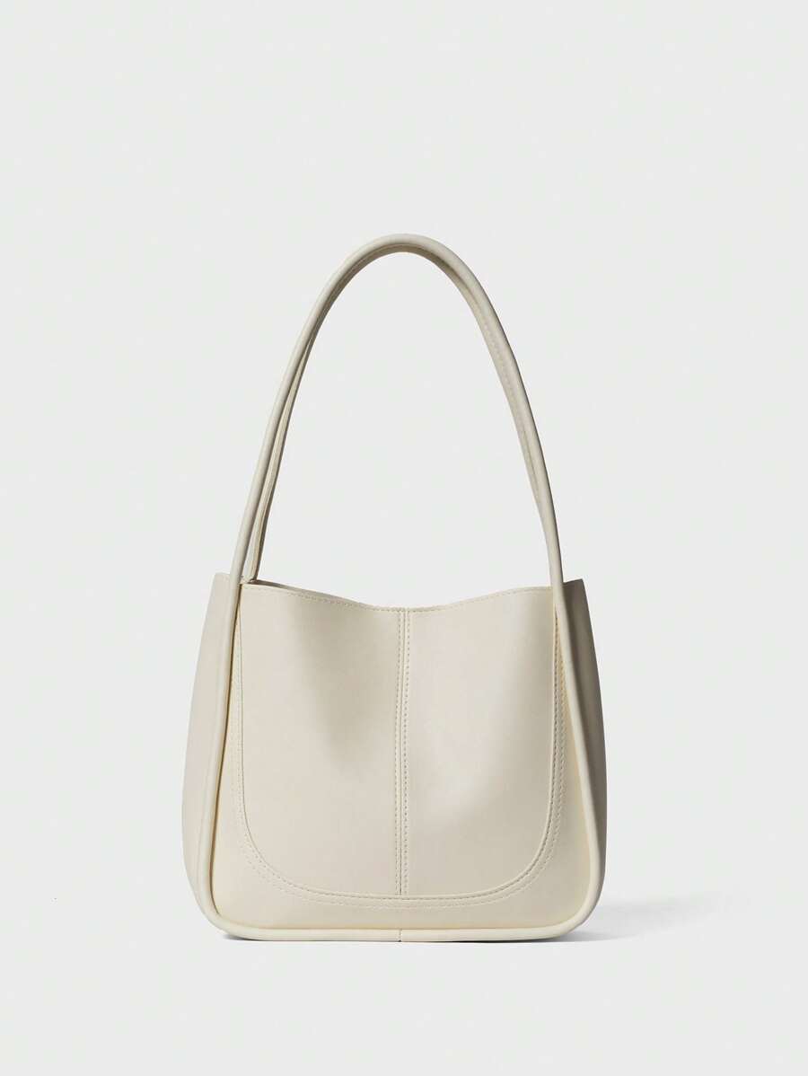 1件装简约复古纯色软面大容量单肩水桶包，适合女性日常休闲通勤使用，圣诞节冬季圣诞礼物 - 米色 - 查看 1