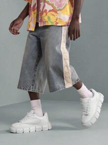 SUMWON Designer Denim Jort Shorts With Crochet Lace Side Panel, Retro Wide-Leg Festival Summer Cut-Off Style With Distressed Details, Urban Streetwear