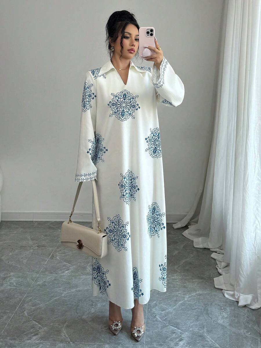 Yasmyna 女式宽松立领阿拉伯梭织印花连衣裙，端庄 - 杏色 - 查看 1