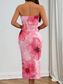 INAWLY Pink Tiedye Hibiscus Floral Print Graphic Tube Bodycon Backless Dress - Multicolor - View 2