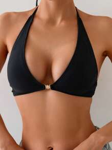 SHEIN Swim Basics 女士三角形简约金属扣黑色吊带比基尼上衣，优雅适合度假、沙滩、休闲日常穿着、夏季度假女士泳衣女士比基尼上衣泳衣女士上衣比基尼套装女士比基尼上衣女士女士服装泳装 - 黑色 - 查看 4