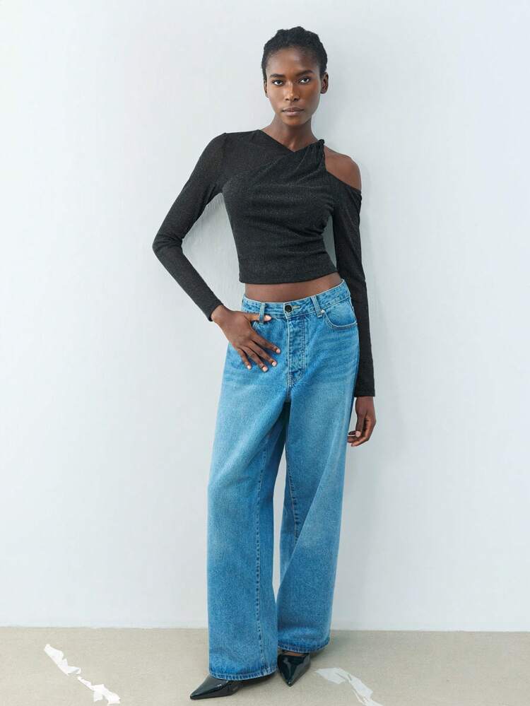 SHEIN Maija Elegant Chic Asymmetrical Shoulder Black Bodycon Top, Sexy & Stylish Ladies Top, Suitable For Casual, Date, Party, Wedding Guest, Valentine's Day