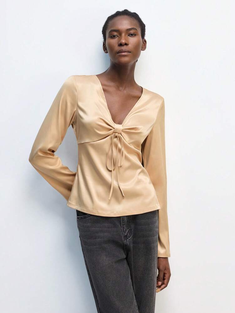 SHEIN Maija Women's Apricot Tie Waist Sexy Bowknot Holiday Elegant Modern Urban Casual Top, Suitable For Outing, Holiday Party, Daily Dating, Refined Charm, Spring/Summer