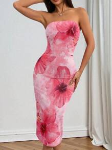INAWLY Pink Tiedye Hibiscus Floral Print Graphic Tube Bodycon Backless Dress - Multicolor - View 4
