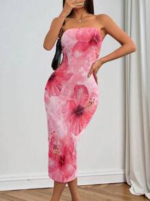 INAWLY Pink Tiedye Hibiscus Floral Print Graphic Tube Bodycon Backless Dress - Multicolor - View 1