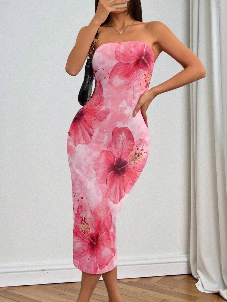 INAWLY Pink Tiedye Hibiscus Floral Print Graphic Tube Bodycon Backless Dress - Multicolor - View 1
