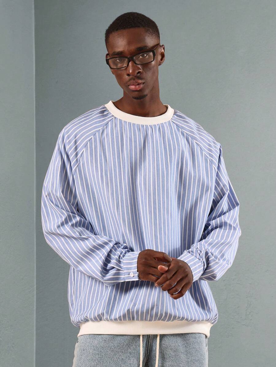SUMWON Designer Striped Raglan Sweatshirt Classic Round Neck Athletic Casual Pullover Perfect For Spring Fall Loungewear Streetwear - Blue and White - View 1