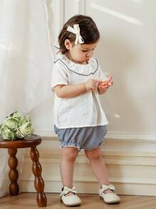 Souflis Souflis Babymeisjes Zomer Nieuwe Ruffle Kraag Voorkant Split Ontwerp Achterkant Waterdruppel Korte Mouw Streep Driehoek Casual Set