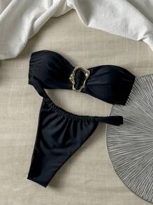 SHEIN Swim 2-częściowy zestaw damski jednokolorowy metalowy pasek bandeau top i stringi spaghetti strap bikini set, na letnie wakacje na plaży