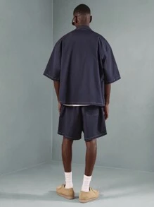 SUMWON Conjunto premium de diseñador, estilo de ropa de trabajo unisex con camisa con botones oversize y pantalón corto. Conjunto casual de fin de semana, streetwear de moda urbana y moderna para primavera y verano - Azul - Ver 2