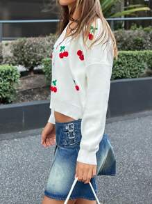SHEIN Cottnline Sweet Cherry Blossom Cardigan Embroidery Red Buttons - White - View 3