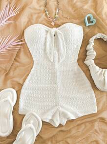 Soleia Women's White Knit Texture Front Tie Halter Jumpsuit, Fitted, Suitable For Party, Date, Valentine's Day, Sexy Romantic, Carnival, Beach, Cruise, Afternoon Tea - White - View 6