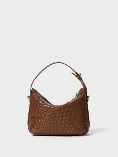 复古编织纯色PU简约风格女士时尚百搭手提包斜挎单肩包宽肩带大容量流浪包圣诞节冬季圣诞礼物